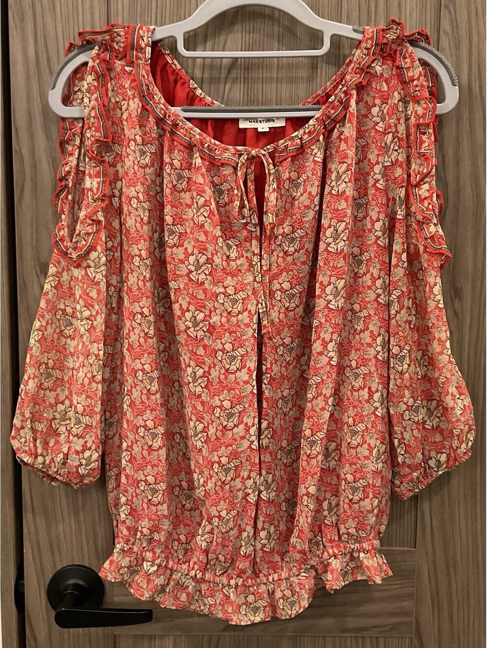Max Studio Womens Long Sleeve Fancy Cold Shoulder Elastic Waist Red Blouse Small
